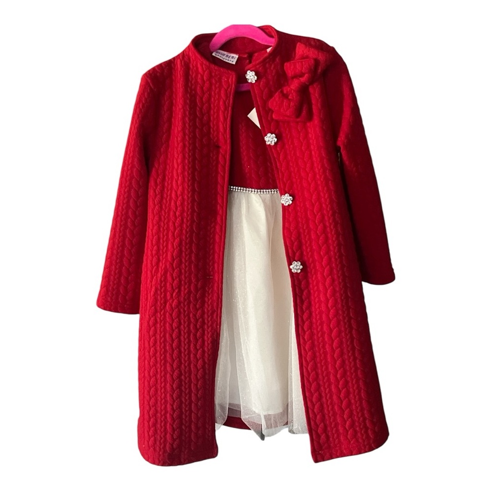 Elegant Red and White Girl’s Dress with matching Coat with Bow Detail Size 6X